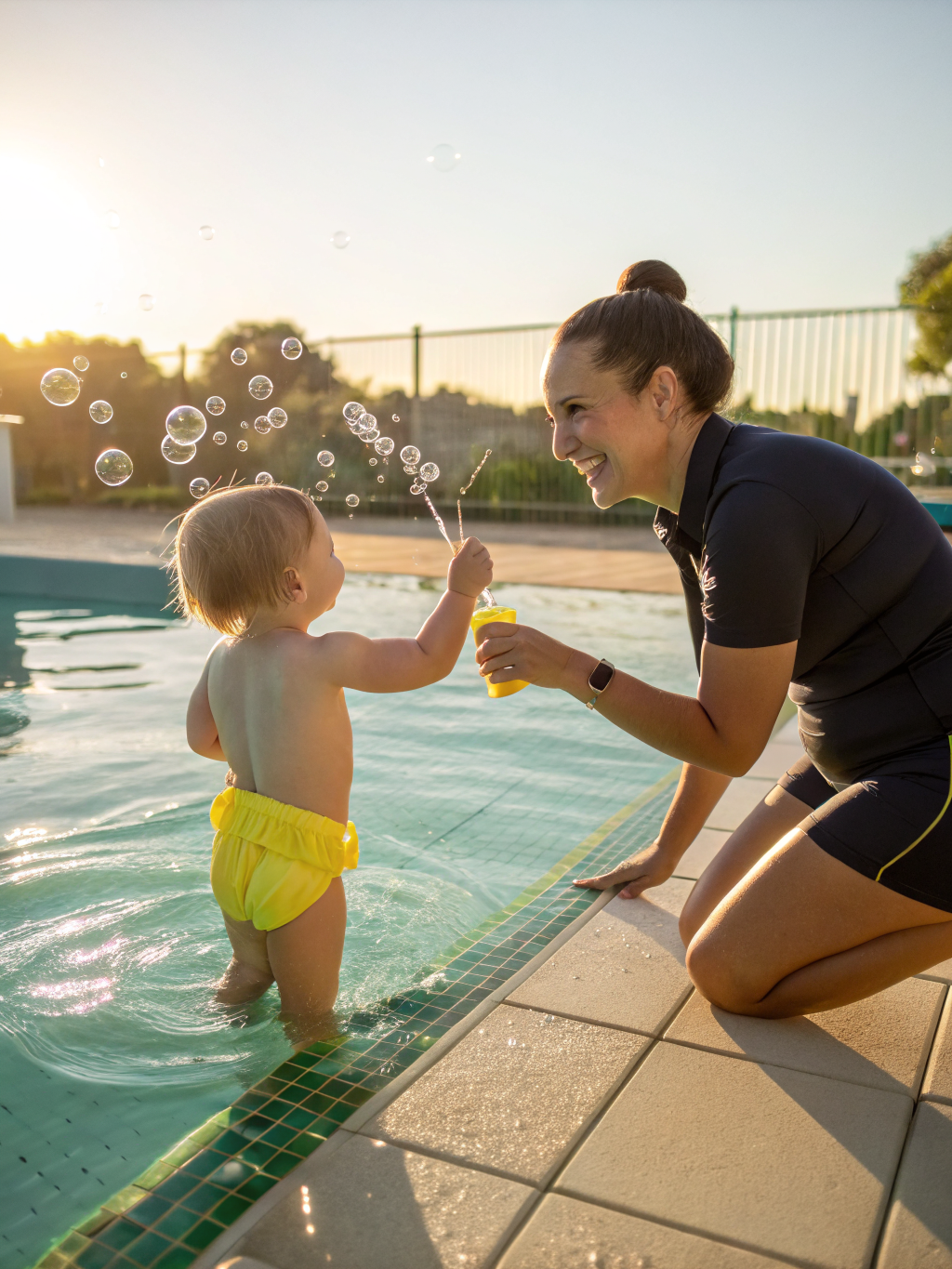 Child and certified swim instructor smiling during warm water lesson