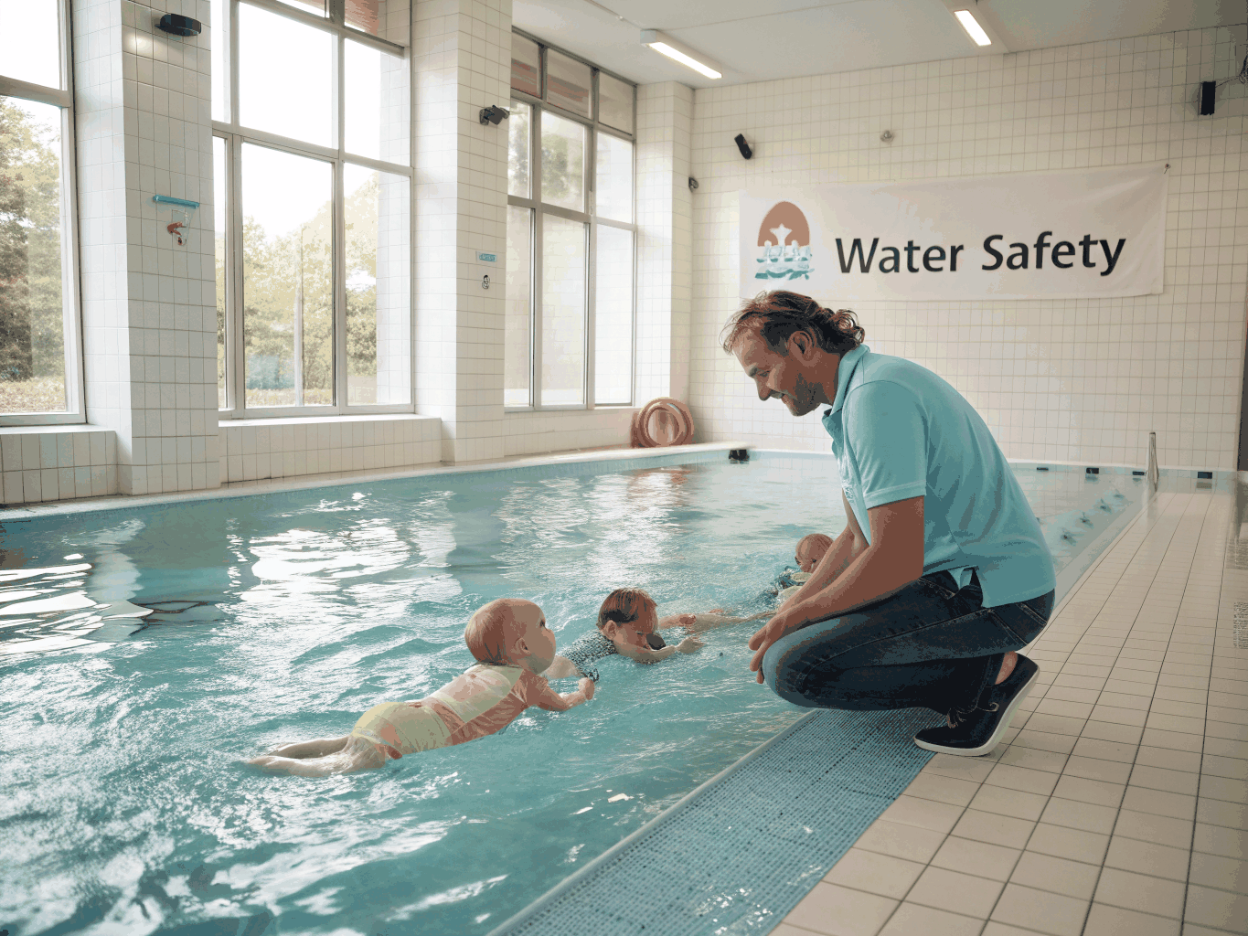Happy child learning to swim with certified instructor at Wave to go! Swim and Plan