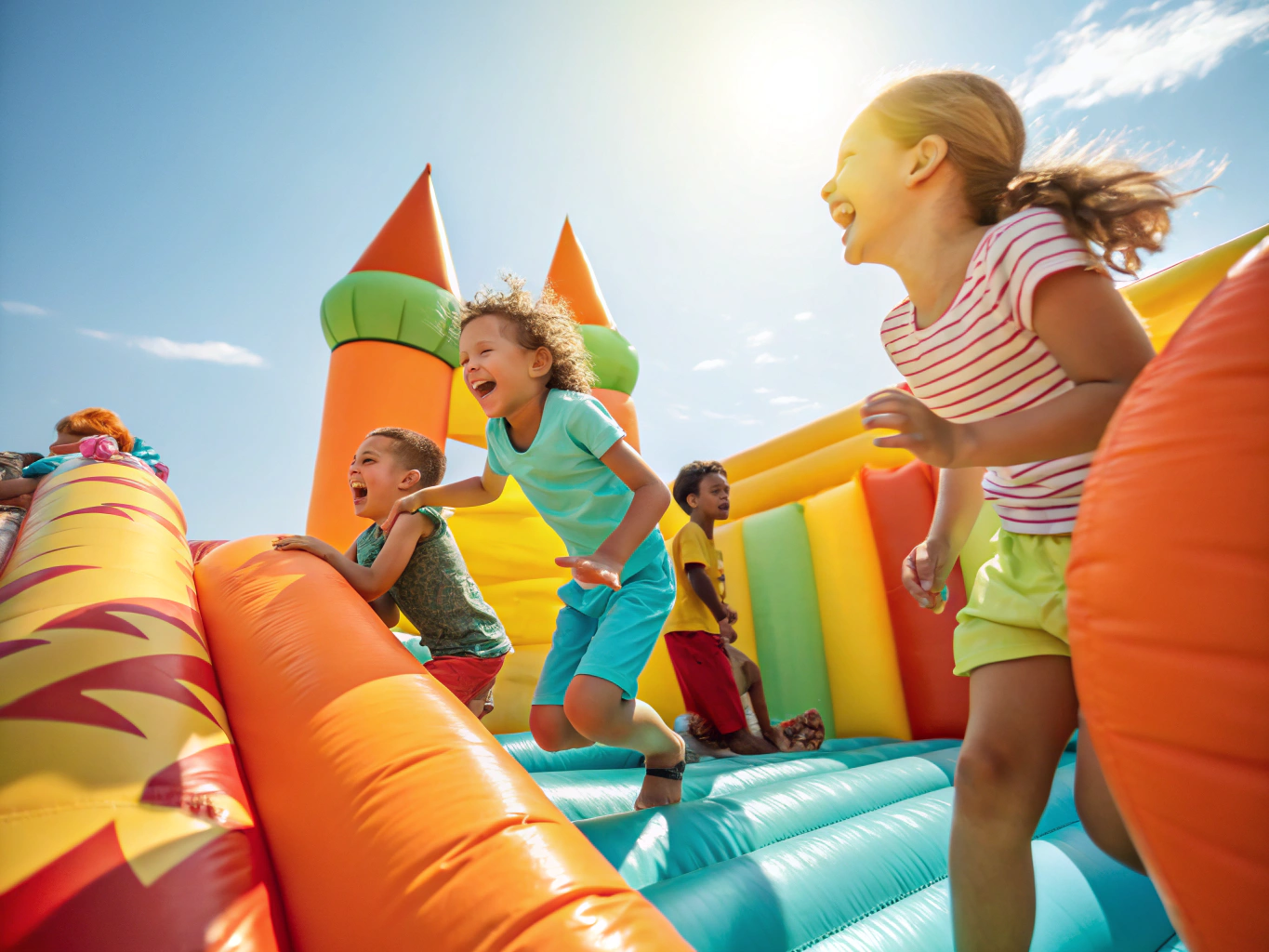 Children laughing and playing with colorful water pool toys